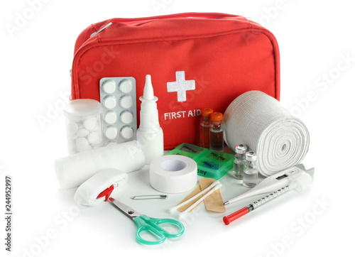 First aid kit on white background