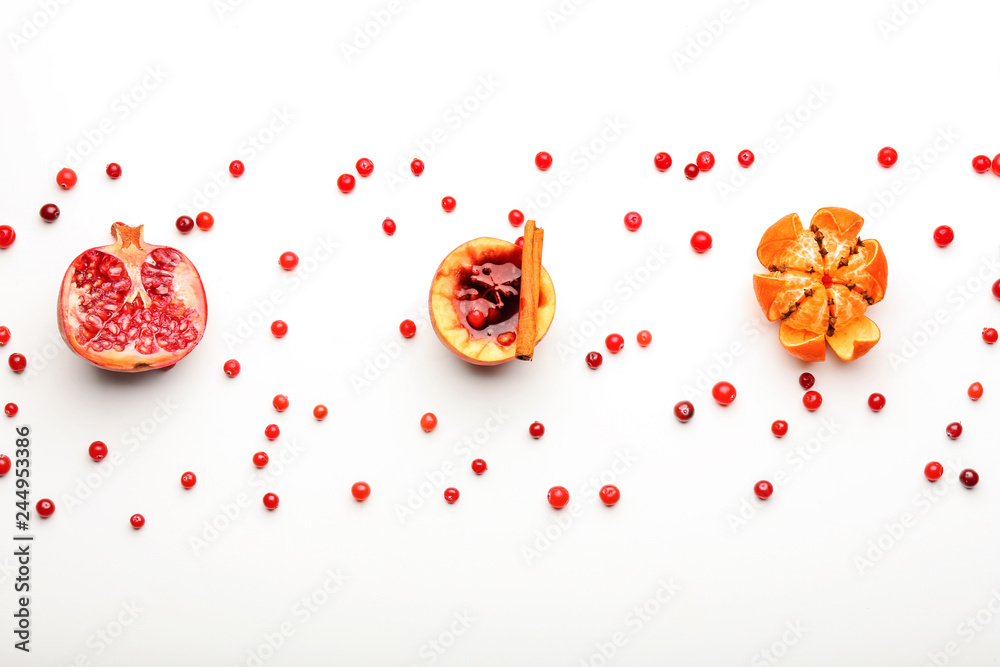 Fototapeta premium Composition with ingredients for tasty mulled wine on white background