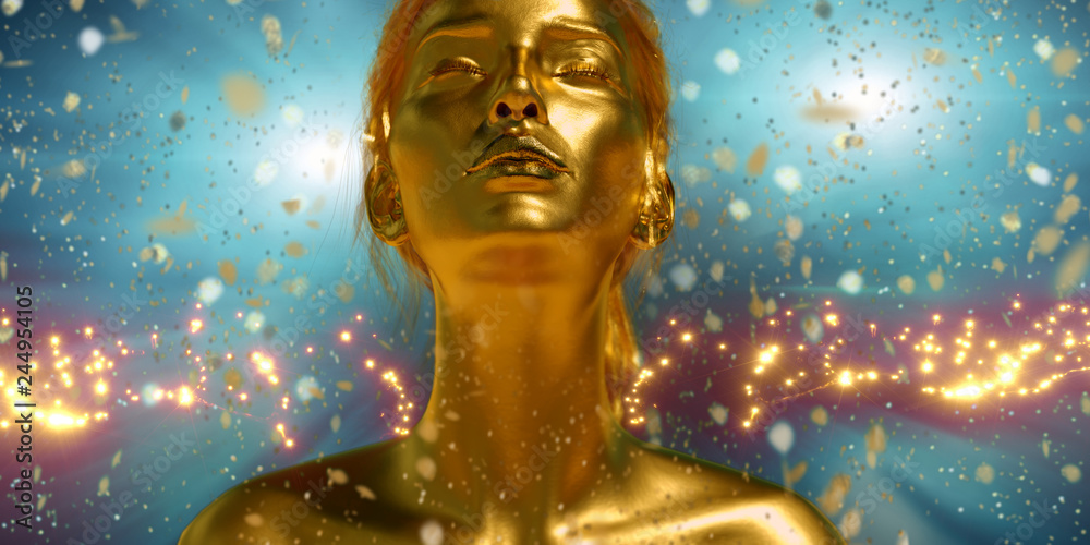 Fototapeta Golden Makeup - Fashion Portrait With Gold Skin And Glittering In Shiny Background