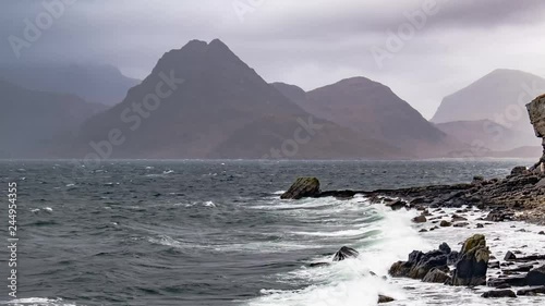 Elgol beach at Port na Cullaidh with Red Cuillin Mountains under clouds on Loch Scavaig Scottish Highlands Isle of Skye - Scotland UK photo