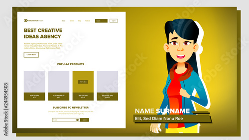 Self Presentation Vector. Asian Female. Introduce Yourself Or Your Project, Business. Illustration