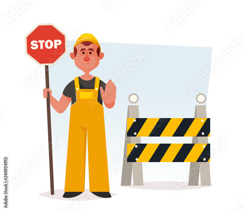 Funny Builder Holding Stop Sign. Cartoon Style. Vector Illustration
