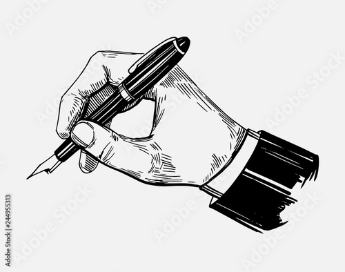 Hand with pen. Engraving style. Hand drawn illustration converted to vector