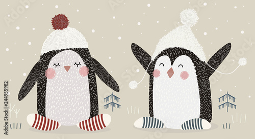 Hand drawing cute vector illustration of two happy penguins wearing hat with pompom in the winter time. Graphic elements for kids. Childish penguin for nursery, baby. Greeting card, poster, postcard.
