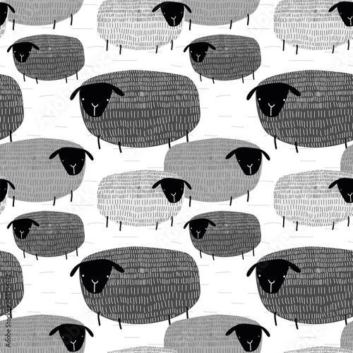 Cute vector illustration seamless pattern of graphic drawing funny sheep on grey background. Fluffy wool pet background for fabric, textile, paper, wallpaper, wrapping or greeting card. Doodle element