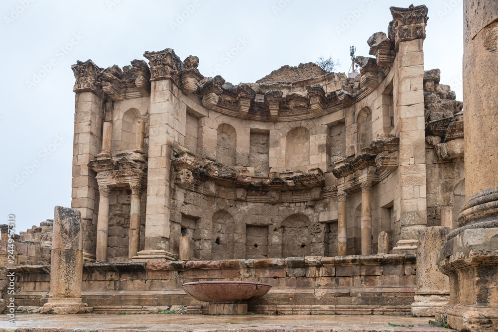 Nymphaeum located on Cardo Maximus street in the great Roman city of Jerash - Gerasa, destroyed by an earthquake in 749 AD, located in Jerash city in Jordan