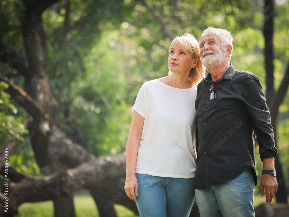 Two happy seniors retirement Man and woman are walking  and talking in park