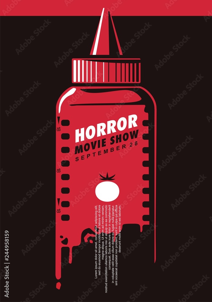 Fototapeta premium Horror movie show creative poster idea with ketchup bottle and film strip. Fake blood concept. Cinema vector art.
