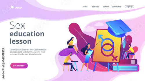 Female teacher at board giving a lesson on sexual education to students. Sex education, sexual health teaching, sex education lesson concept. Website vibrant violet landing web page template.