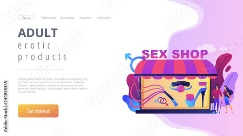 Couple shopping in adult shop with sexual entrtainment toys and accessories. Sex shop, online sex store, adult erotic products concept. Website vibrant violet landing web page template.