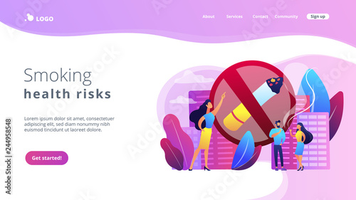 Business woman pointing at no smoking sign and people with cigarettes. Smoking cigarettes, nicotine addiction, smoking health risks concept. Website vibrant violet landing web page template.