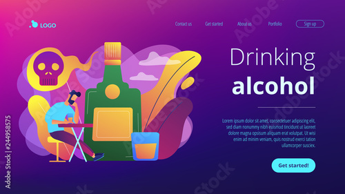 Depressed drunk man sitting and drinking alcohol at big bottle with skull. Drinking alcohol, alcohol addiction, alcoholism therapy concept. Website vibrant violet landing web page template.