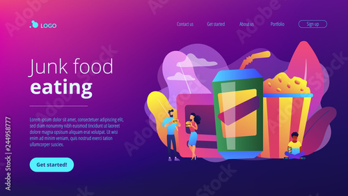 Business people eating hamburgers and drinking soft drinks near huge junk food. Snacking non-stop, junk food eating, reduce cholesterol use concept. Website vibrant violet landing web page template.