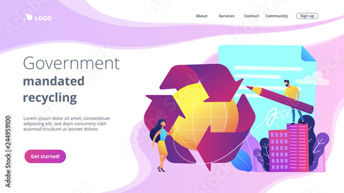 Specialists writing new mandatory recycling laws for country. Government mandated recycling, ecological regulations, local recycling laws concept. Website vibrant violet landing web page template.