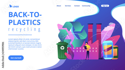 Specialist at plant recycling plastic into raw material, waste bin. Mechanical recycling, back-to-plastics recycling, waste material reuse concept. Website vibrant violet landing web page template.