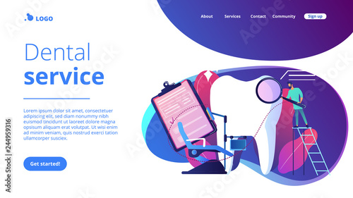 Dentist with magnifier on ladder examining huge patient tooth and dental chair. Private dentistry, dental service, private dental clinic concept. Website vibrant violet landing web page template.