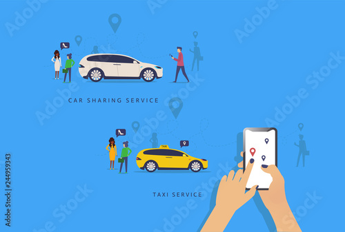 Taxi online vector illustration advertising poster of isometric car. Taxi service design of yellow car,Car sharing service advertising w. A man with a smartphone standing near the car. Modern landing