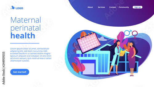 Doctor provides health services to pregnant woman and during labour. Maternity services, maternal perinatal health, pregnancy and birth care concept. Website vibrant violet landing web page template.