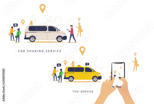 Taxi online vector illustration advertising poster of isometric car. Taxi service design of yellow car,Car sharing service advertising w. A man with a smartphone standing near the car. Modern landing