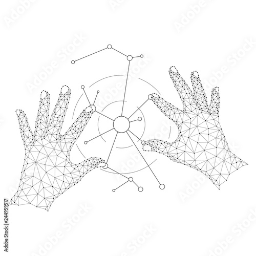 Cyber innovations technologies connecting people devices future automatization robots from abstract futuristic polygonal black lines and dots. Vector illustration.