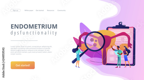 Doctors examine uterus with magnifier to treat endometriosis. Endometriosis, endometrium dysfunctionality, endometriosis treatment concept. Website vibrant violet landing web page template.