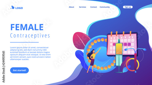 Woman poining at oral contraceptives, iud and bc injection. Female contraceptives, oral hormonal contraception, birth fertility control concept. Website vibrant violet landing web page template.