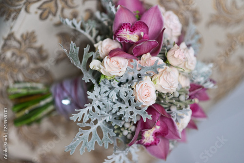 Delicate wedding bridal bouquet, floral arrangement of flowers to celebrate the holiday decor