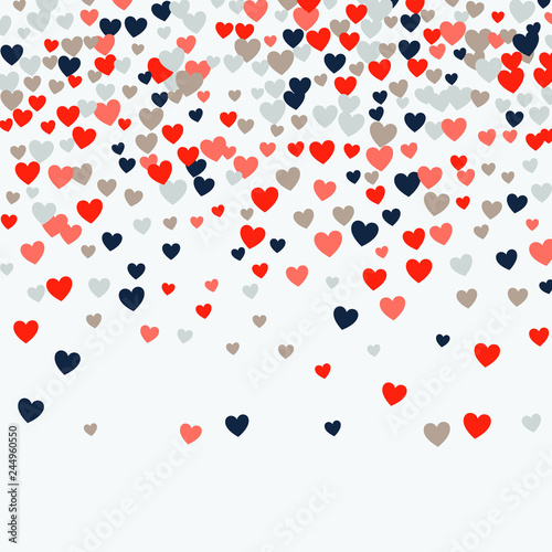 Cute little hearts pattern, random order. Perfect multicolor hearts backround for Valentines Day greeting card or wedding design. Small heart shapes in different sizes and colors. Vector illustration.