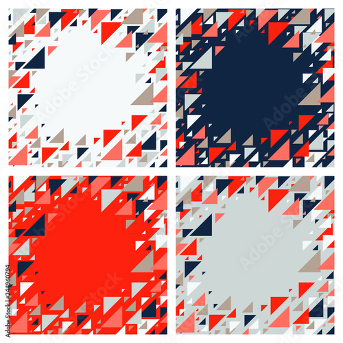 Set of four abstract geometric background - multicolor triangles pattern. Vector illustration. Red  white  grey  navy blue colors. Bold vivid colored triangles mosaic tessellation.