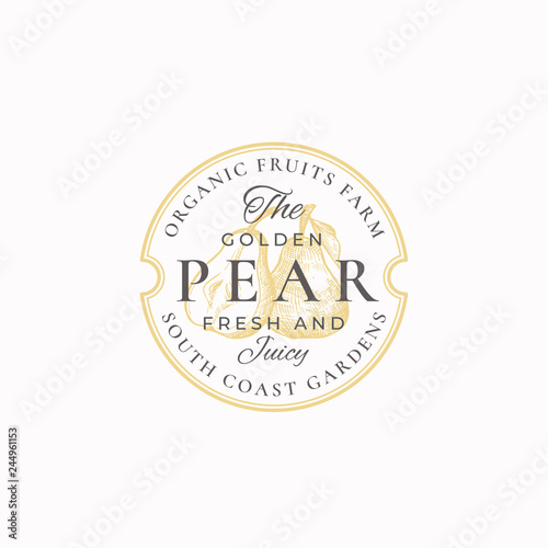 Golden Pear Farm Badge or Logo Template. Hand Drawn Pears with Leaf Sketch with Retro Typography and Borders. Vintage Premium Emblem.