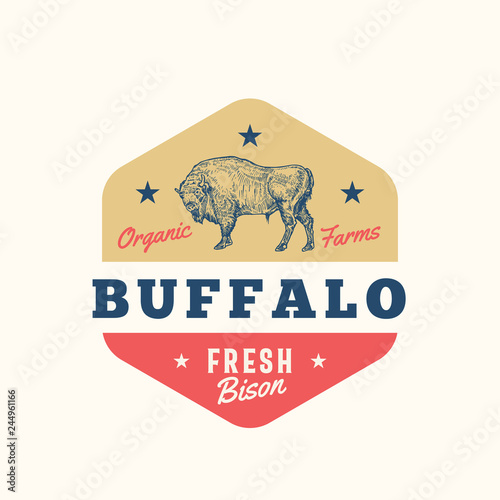 Organic Farm Butchery Abstract Vector Sign, Symbol or Logo Template. Hand Drawn Buffalo Sillhouette with Retro Typography. Bison Meat Vintage Badge or Emblem.