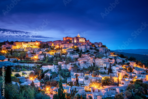 View of the medieval town of Gordes at dusk, Luberon, South of France