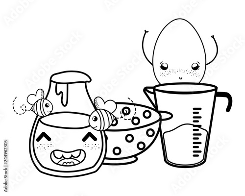 Kitchen and food kawaii cartoons in black and white