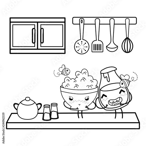 Kitchen and food kawaii cartoons in black and white