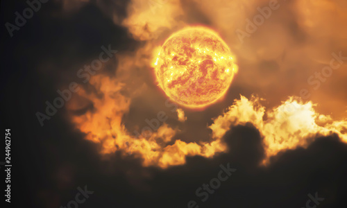 Dramatic atmosphere panorama view of sun sky and clouds on super summer day.Image of sun furnished by NASA.