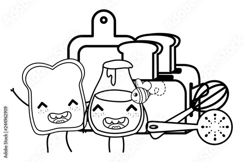 Kitchen and food kawaii cartoons in black and white