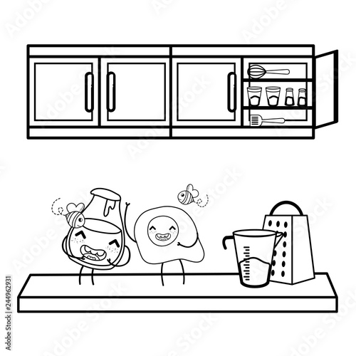 Kitchen and food kawaii cartoons in black and white