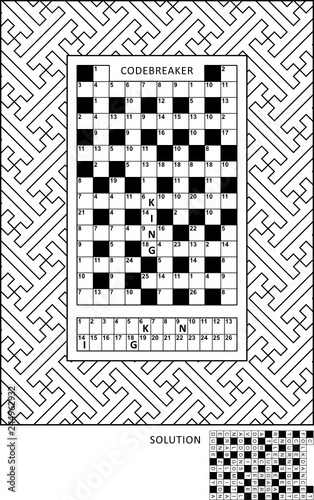 Puzzle and coloring activity page for grown-ups with codebreaker, or codeword, else code cracker word game (English) and wide decorative frame to color. Family friendly. Answer included.
