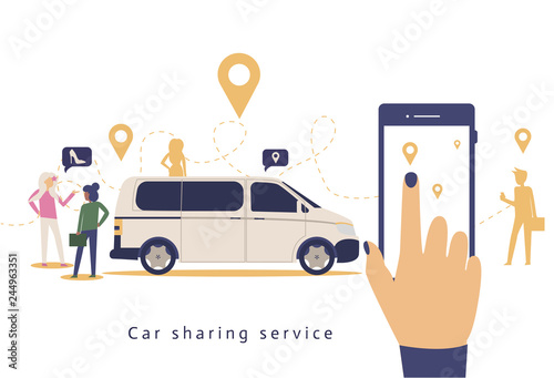 Car sharing service advertising w. A man with a smartphone standing near the car. Modern landing pagewith colorful illustration.