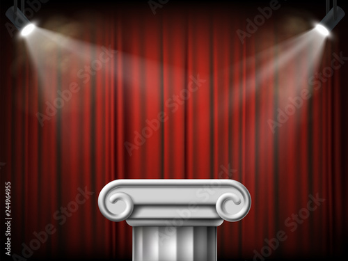 Antique marble column. Podium on the background of a red curtain.