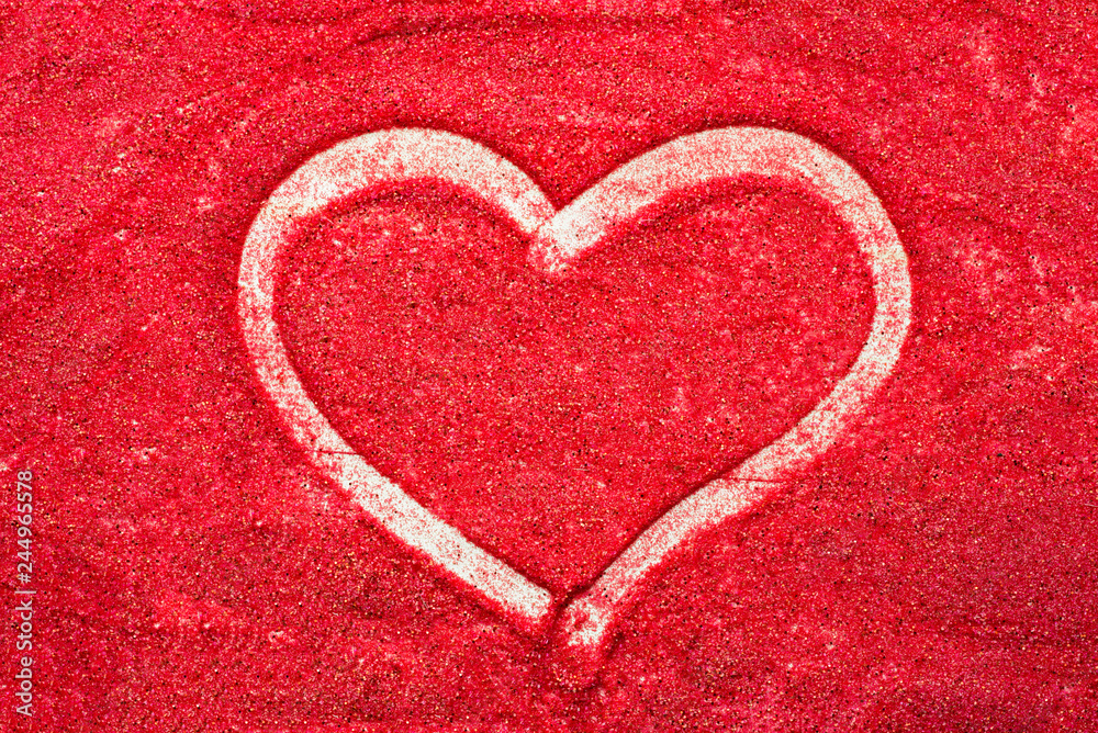Heart mark and declaration of love on red sand top view, Valentines Day. 14 February. Wedding Heart mark and declaration of love on red sand top view, Valentines Day. 14 February. Wedding