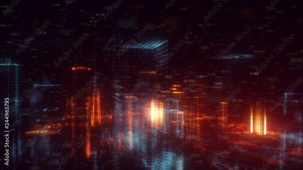 3d rendered abstract futuristic night city concept. Transparent business skyscrapers made of bright particles. Hologram buildings. Interface elements. Architectural digital technology structure 3d rendered abstract futuristic night city concept. Transparent business skyscrapers made of bright particles. Hologram buildings. Interface elements. Architectural digital technology structure