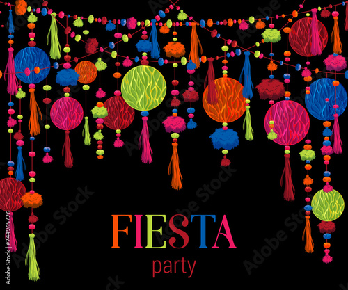 Fiesta party. Festive background with paper honeycomb, pompons, tassels, beads, garland. Design template for invitation, greeting card, banner, print. Colorful decorations. Vector illustration
