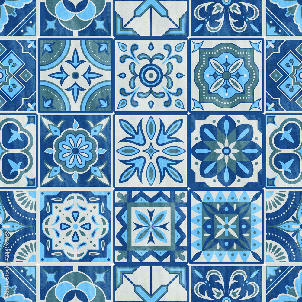 Seamless patchwork tile in blue, gray and green colors. Vintage ceramic tiles vector illustration. Floor seamless design texture set. Tiles traditional mosaic, texture decoration tile pattern