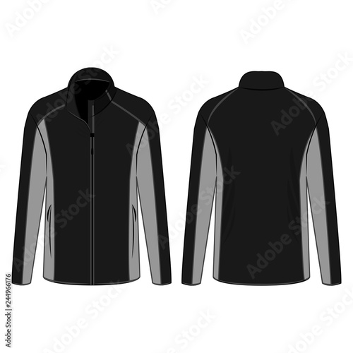 Black and grey sport winter zipped fleece jacket isolated vector on the white background