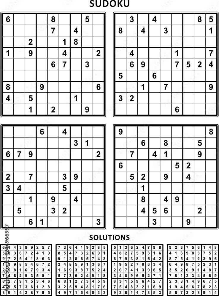 Four sudoku puzzles of comfortable (easy, yet not very easy) level, on A4  or Letter sized page with margins, suitable for large print books, answers  included. Set 7. Stock Vector | Adobe Stock