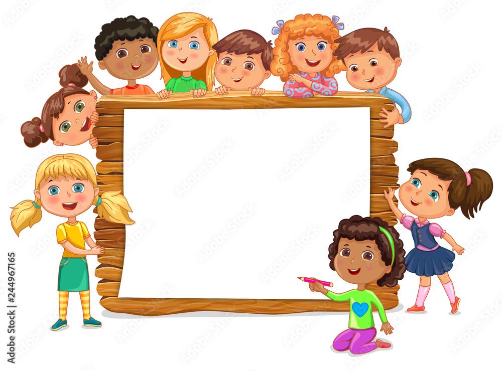 Cute kids standing near blank wooden banner Cute kids standing near blank wooden banner