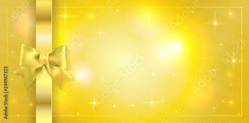 Volume template of Golden ticket, Gift Certificate, Gift Voucher. Holiday reward card design with sparkles stars on golden background tied with ribbon with gold bow. Vector Concept for Coupon, event