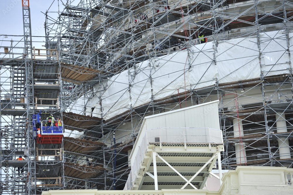 The Capitol dome in Washington DC covered in scaffolding as it undergoes refurbishment. 