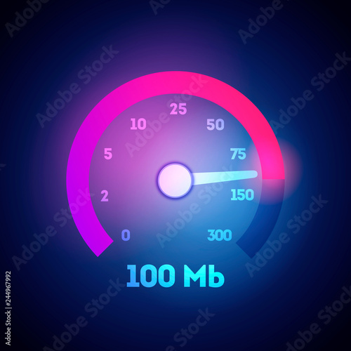 Vector Illustration Fuel Internet Speedometer. 100 mb Speed Icon. Megabit Download Flatrate.